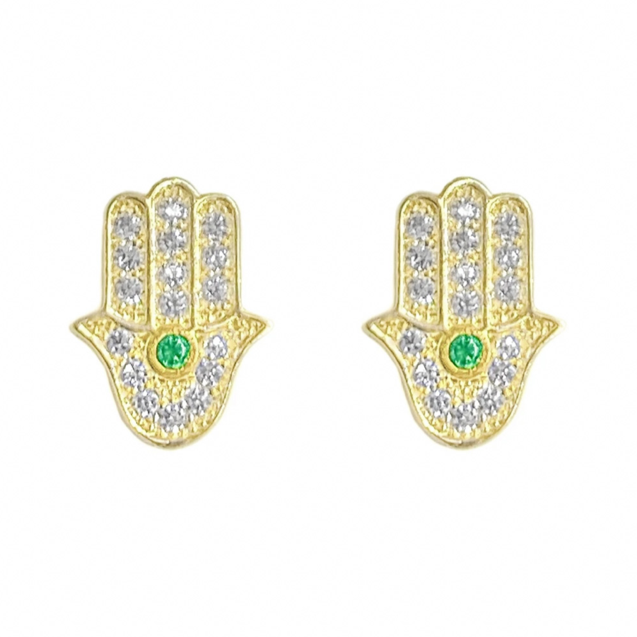 14K YELLOW GOLD PAVE GREEN EYE HAMSA STUD EARRINGS