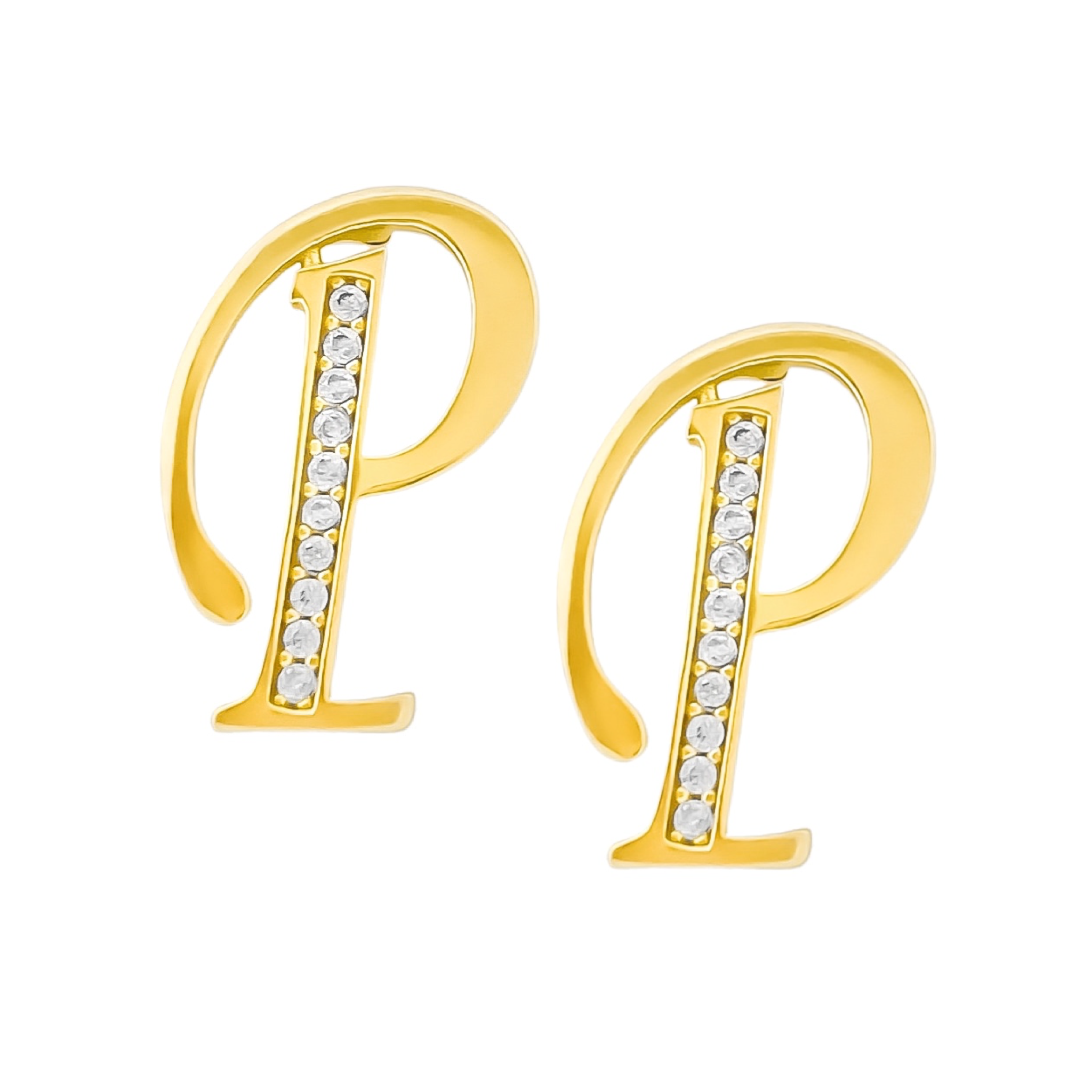 10K YELLOW GOLD PAVE ACCENT SCRIPT INITIAL STUD EARRINGS