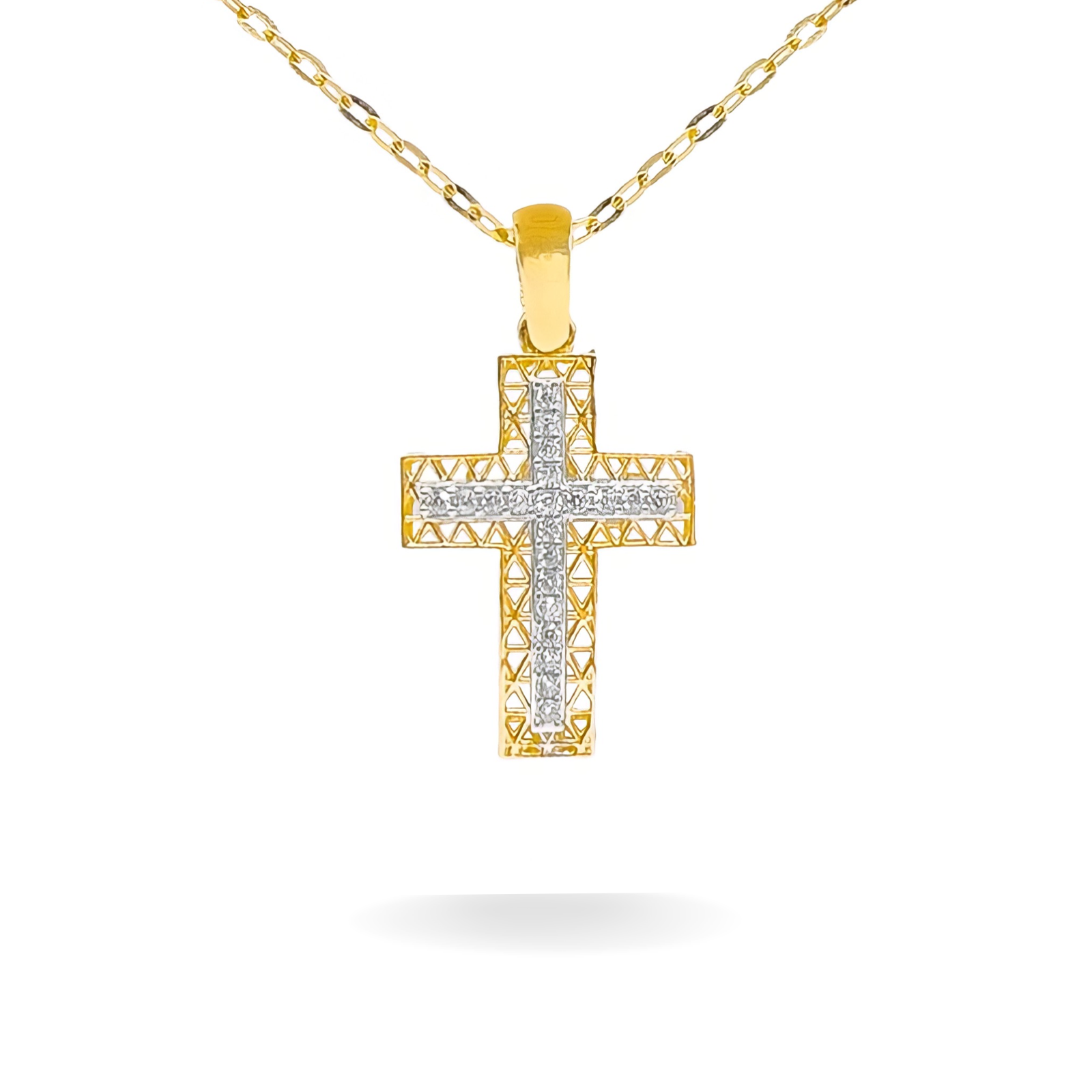 14K YELLOW GOLD GEOMETRIC FILIGREE PAVE CROSS NECKLACE