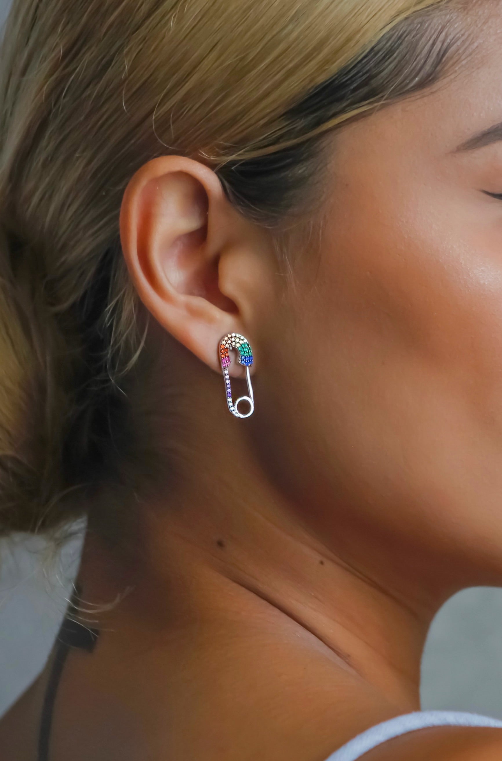 925 SILVER RAINBOW PAVE SAFETY PIN EARRINGS