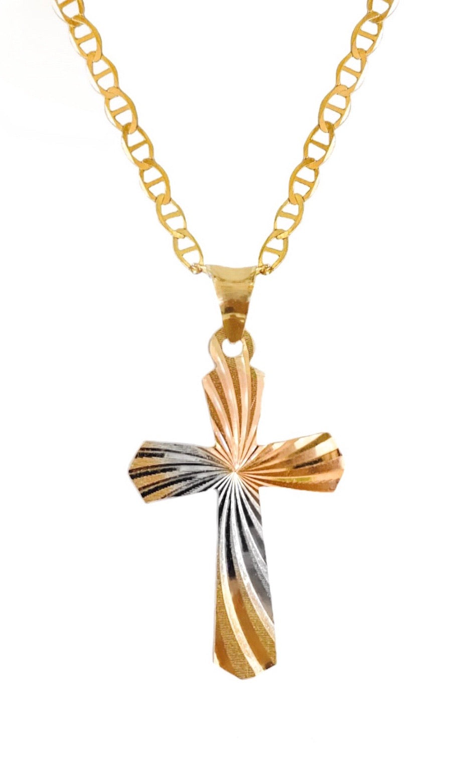 14K TRI COLOR GOLD DIAMOND CUT CROSS NECKLACE