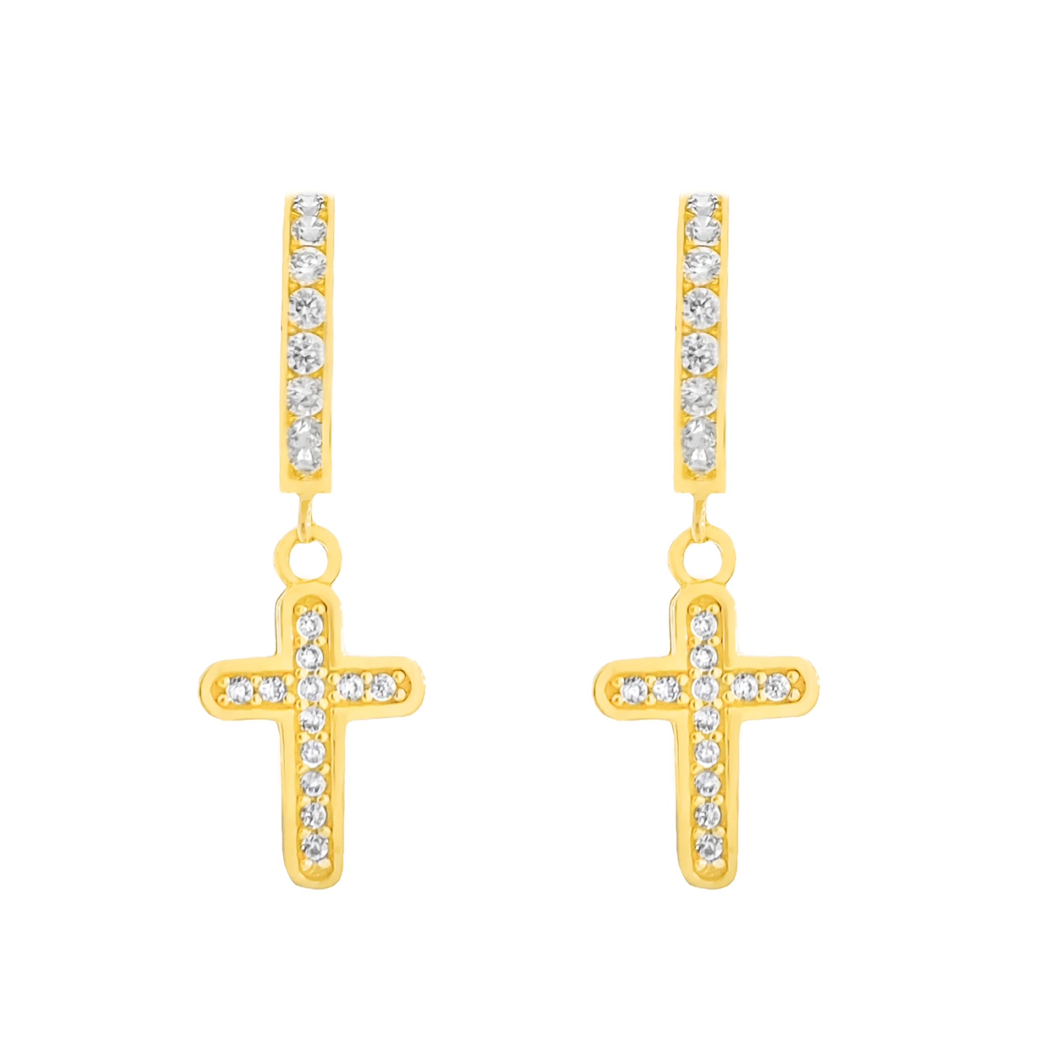 14K YELLOW GOLD MINI PAVE CROSS HOOP EARRINGS