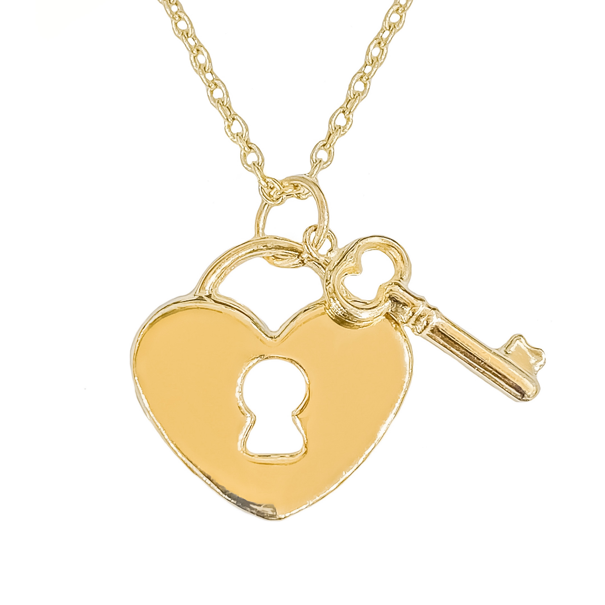 14K YELLOW GOLD HEART LOCK & KEY NECKLACE