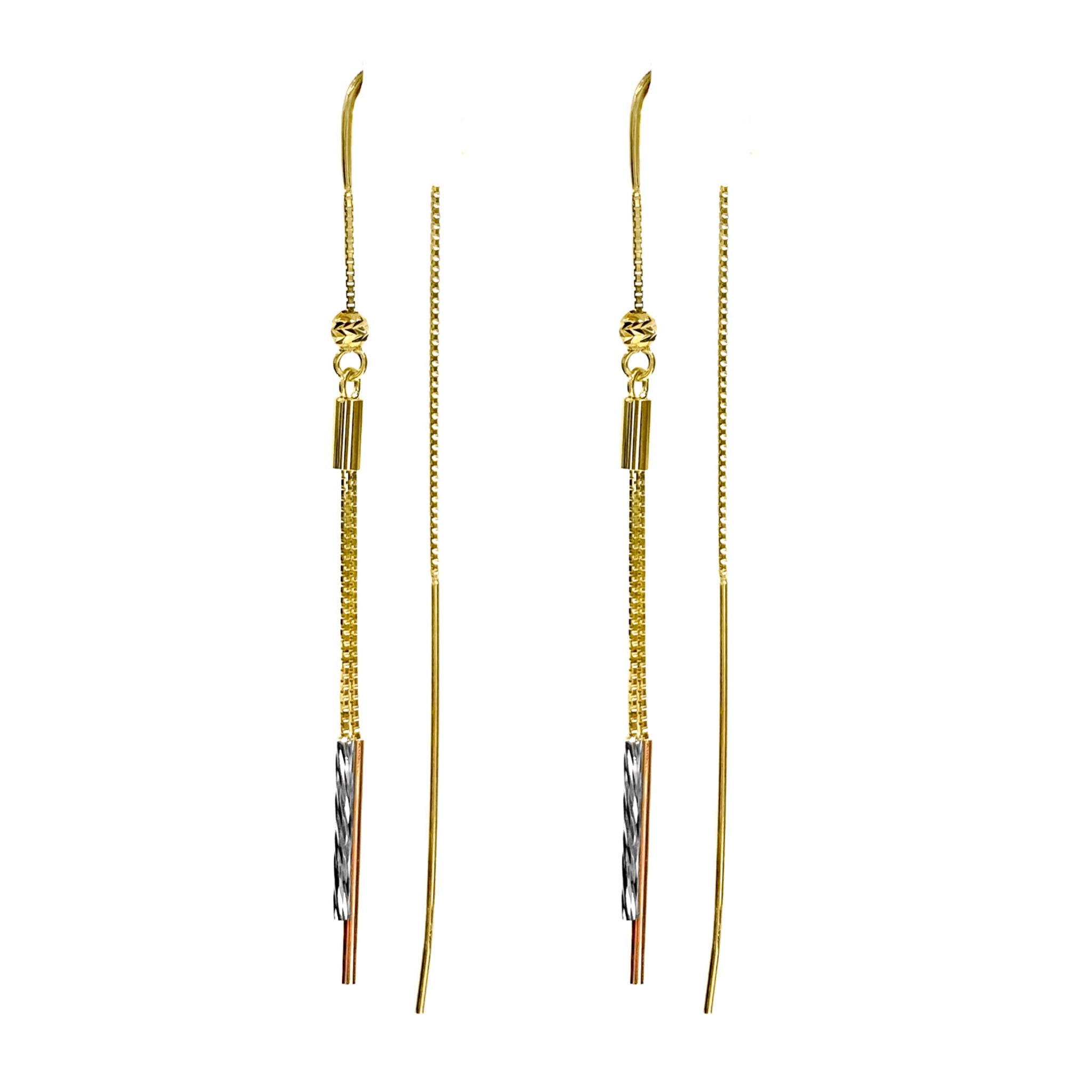 14K YELLOW GOLD TRI TUBE THREADER EARRINGS -TRI COLOR
