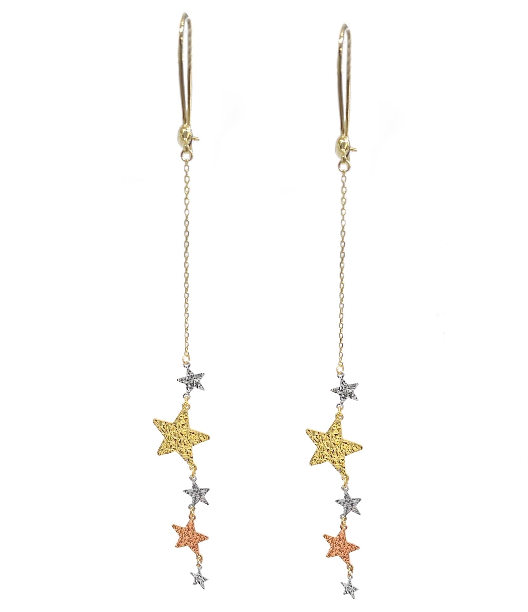 14K TRI COLOR SHINING STAR DROP EARRINGS -