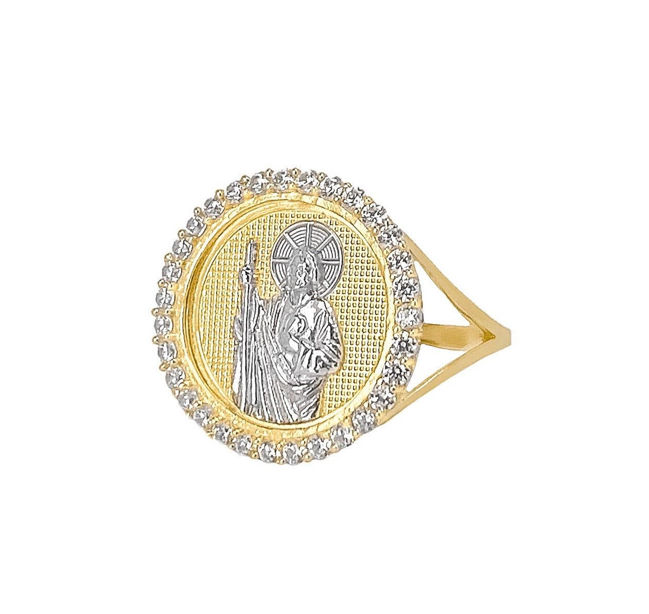 14K YELLOW GOLD PAVE SAN JUDAS COIN RING