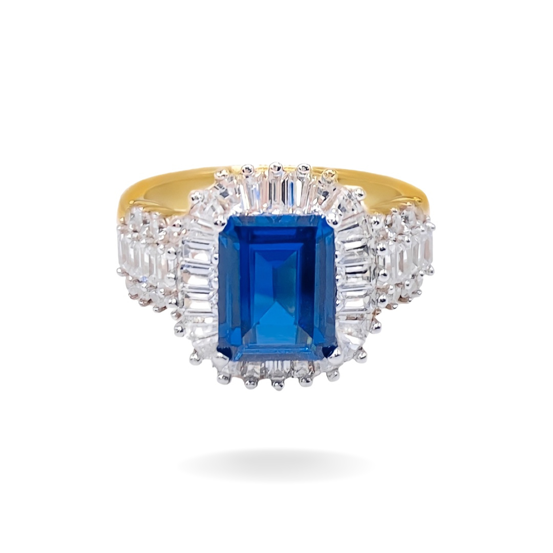 14K YELLOW GOLD EMERALD CUT HALO RING -INDIGO
