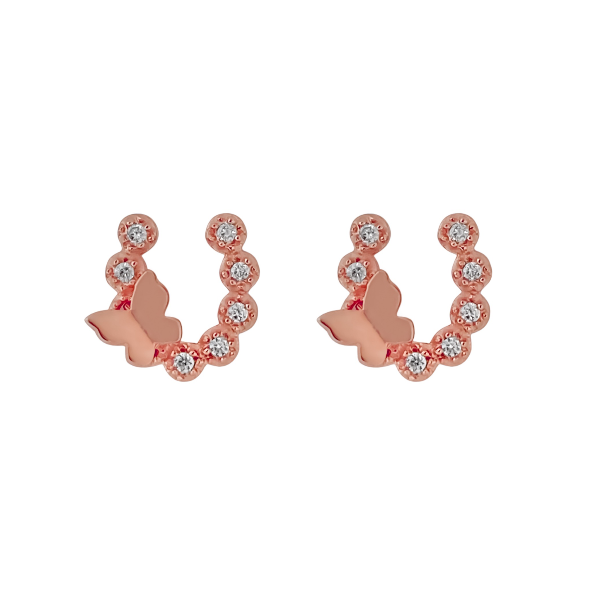 14K ROSE GOLD PAVE HORSESHOE BUTTERFLY STUD EARRINGS