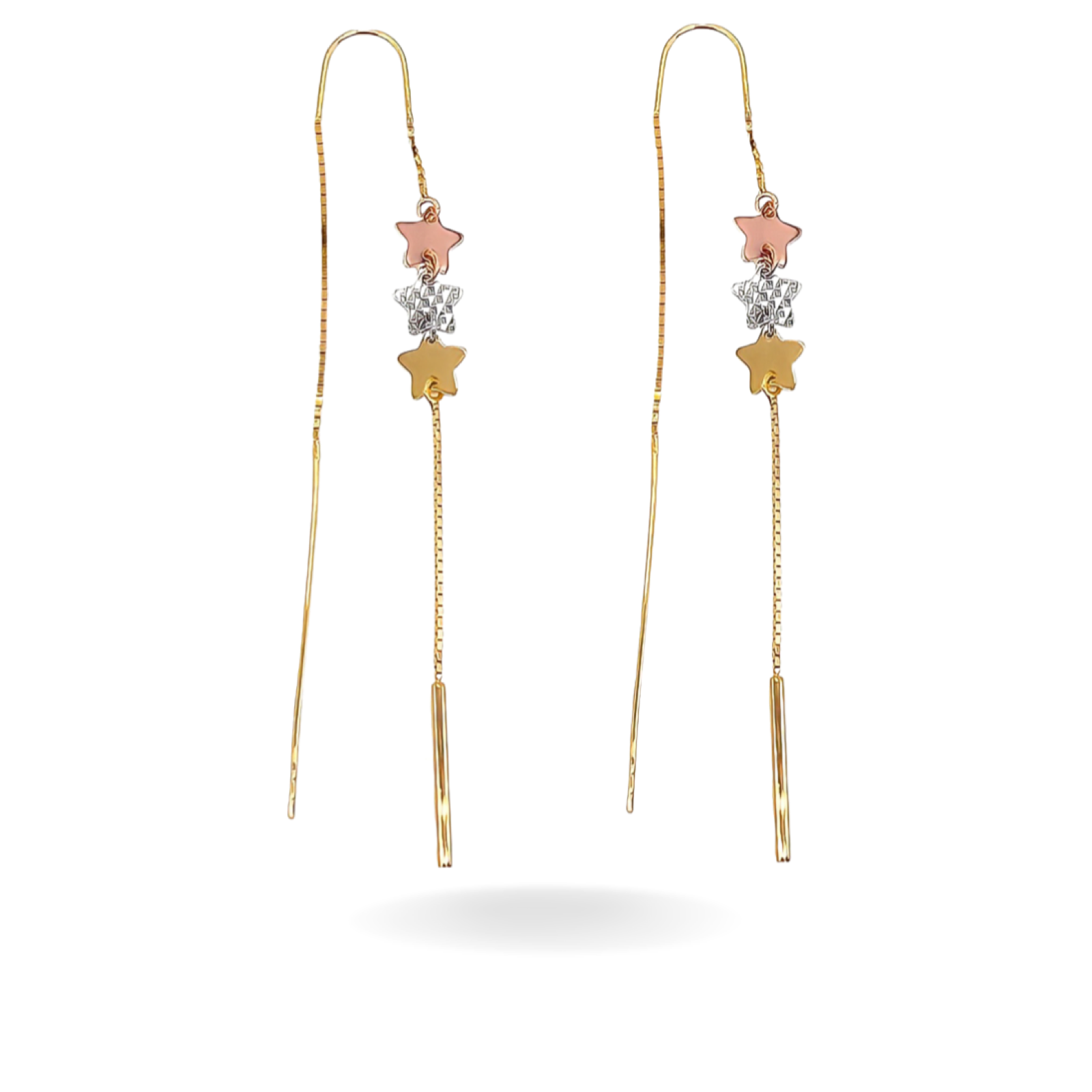 14K TRI COLOR GOLD TRIPLE STAR THREADER EARRINGS