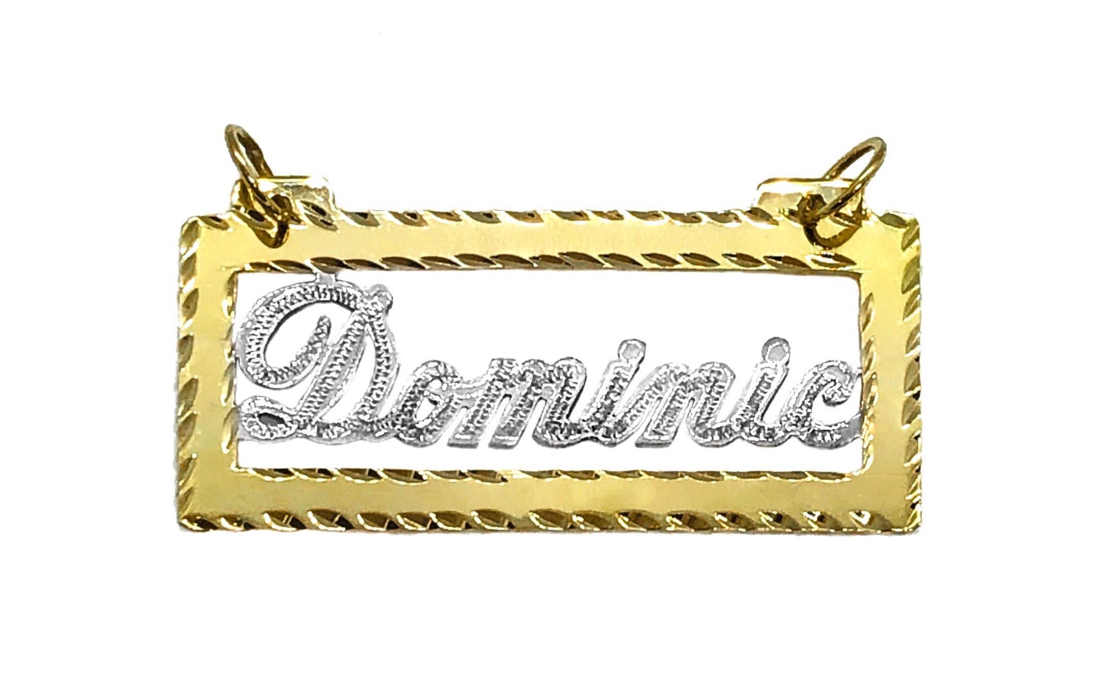 14K TWO TONED GOLD SCRIPT BORDER TAG NAME PLATE
