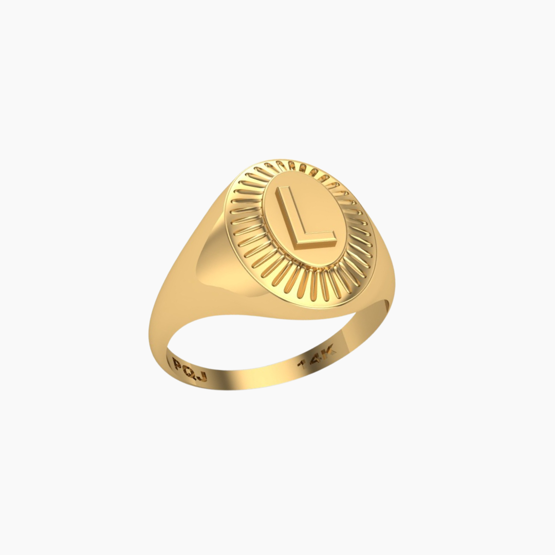 14K YELLOW GOLD OVAL AURA INITIAL SIGNET RING