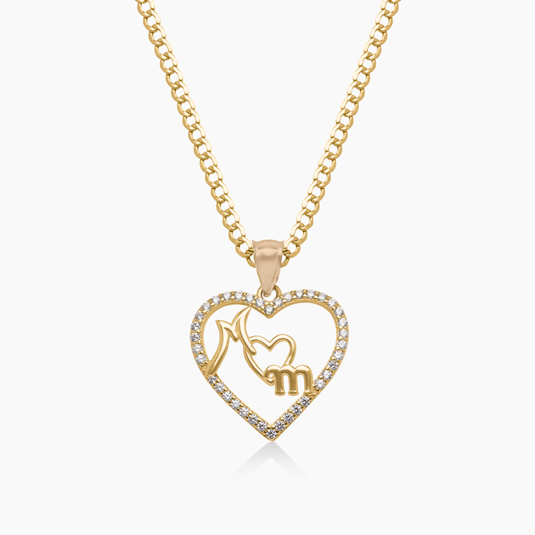 14K YELLOW GOLD PAVE MOTHERHOOD HEART NECKLACE