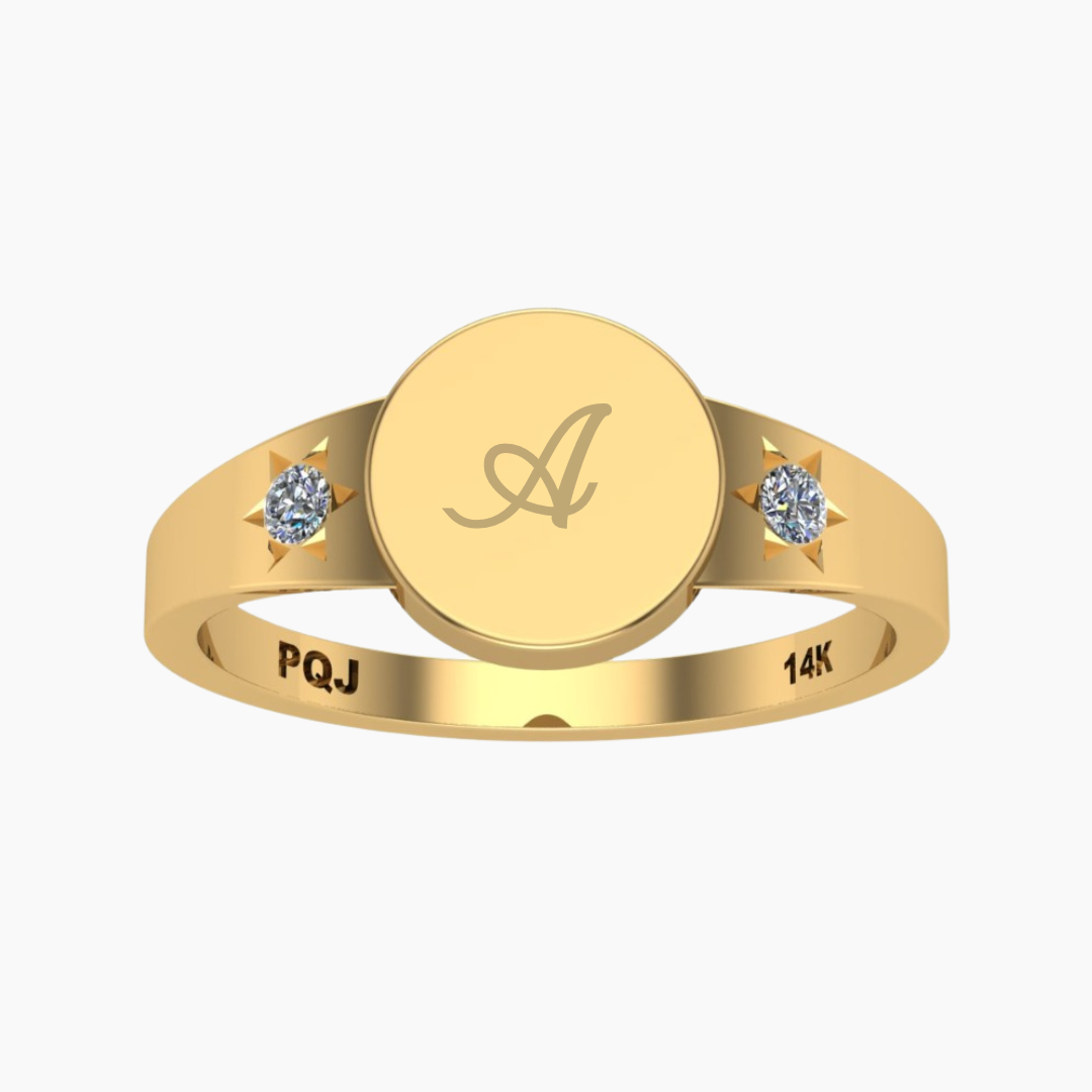14K YELLOW GOLD ROUND SIGNET STARBURST DIAMOND RING -ENGRAVABLE
