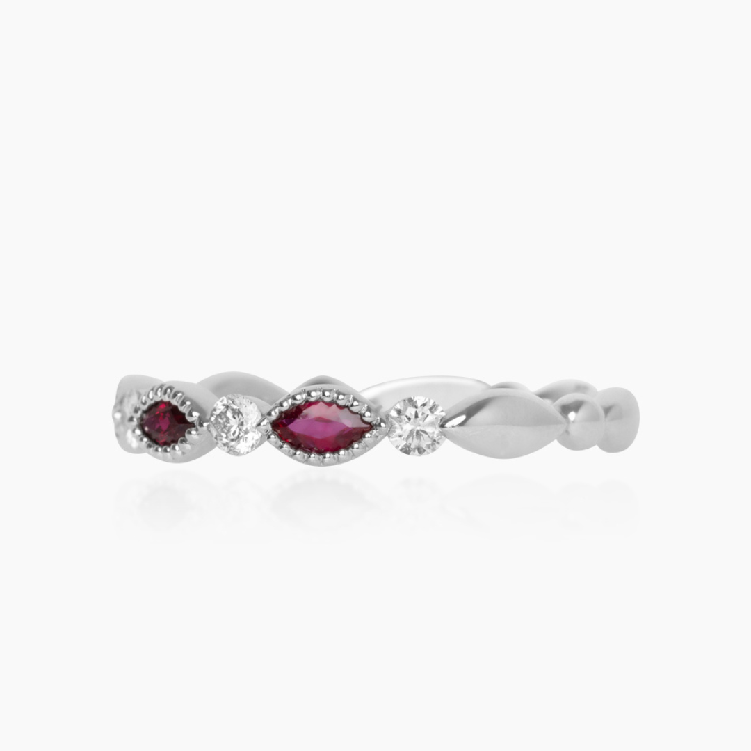 18K WHITE GOLD LYSANDRA DIAMOND AND RUBY STACKABLE RING