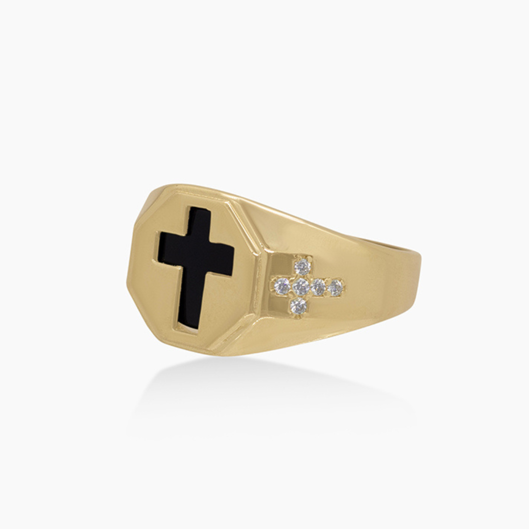 14K YELLOW GOLD ONYX PAVE CROSSES RING