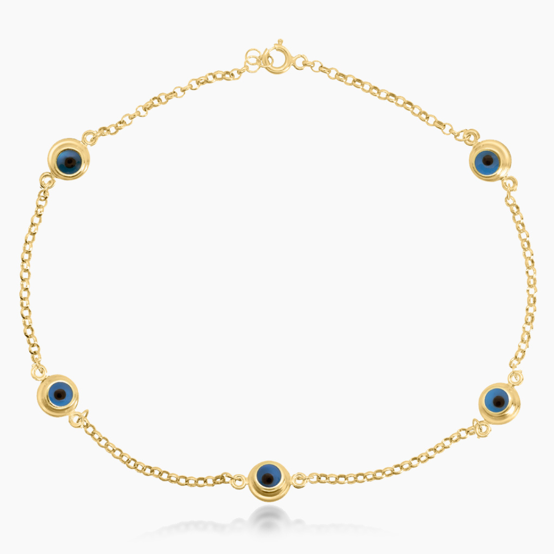 14K YELLOW GOLD ROLO BLUE EYE ANKLET