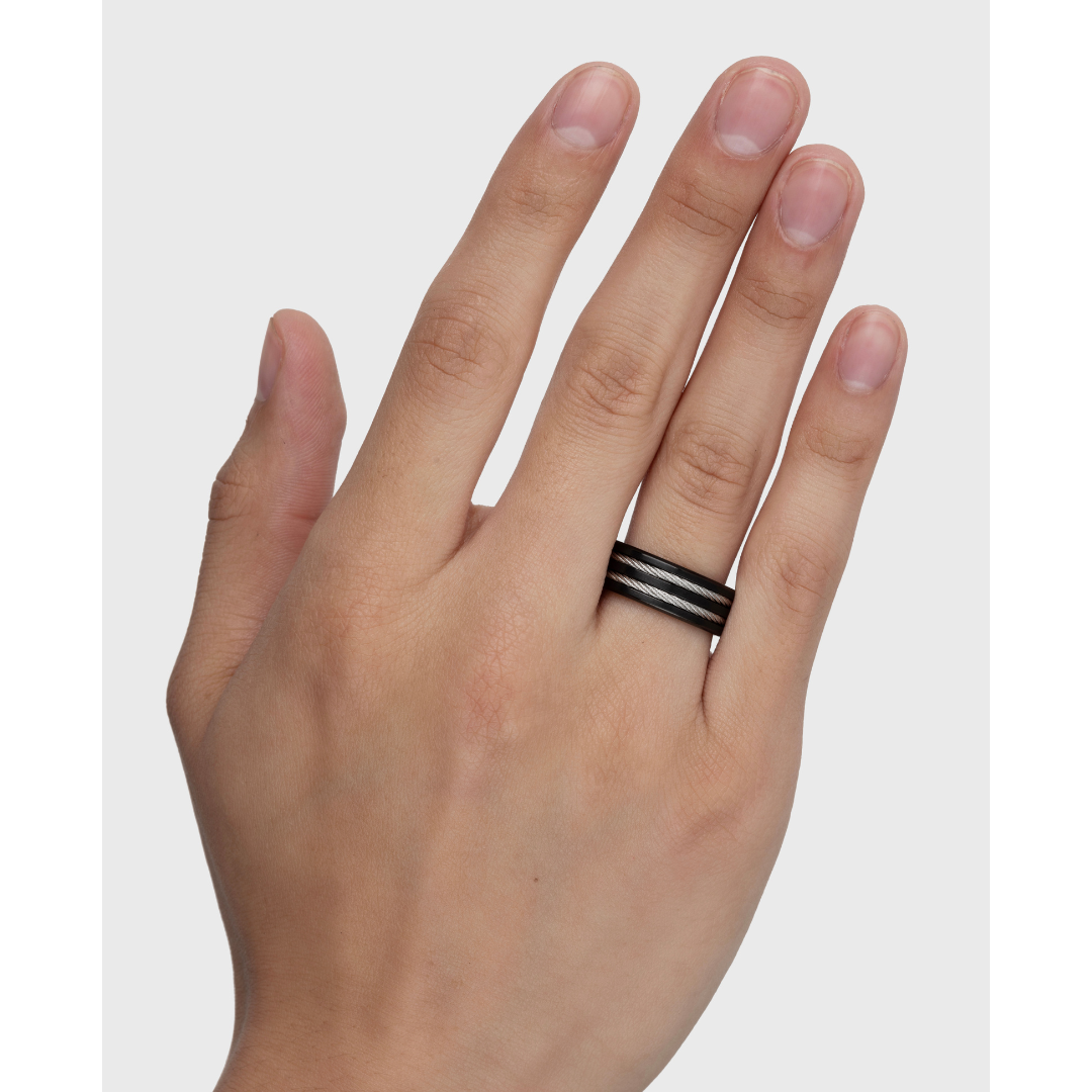 Patty Rope TUNGSTEN BLACK BRUSHED DOUBLE CHROME ROPE RING -8MM | Patty Q's Jewelry Inc