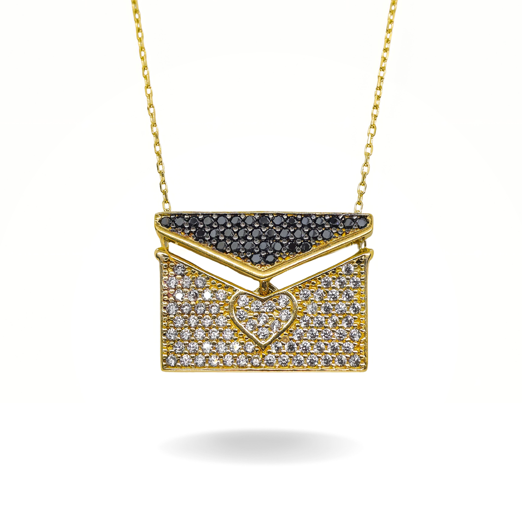 14K YELLOW GOLD PAVE BLACK + WHITE PURSE NECKLACE
