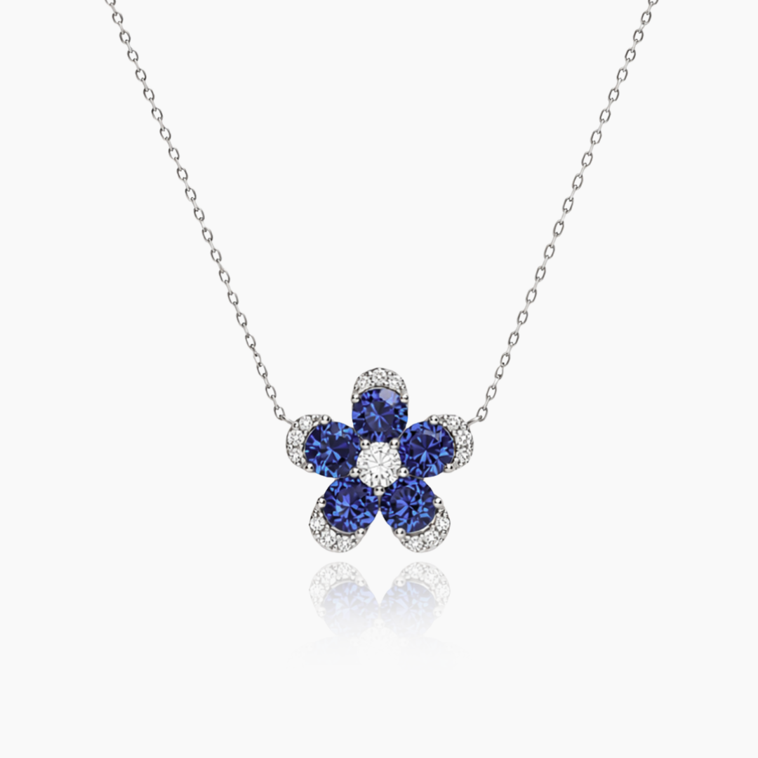 14K WHITE GOLD FLOATING DIAMOND + SAPPHIRE PARADISE PLEASE FLOWER NECKLACE