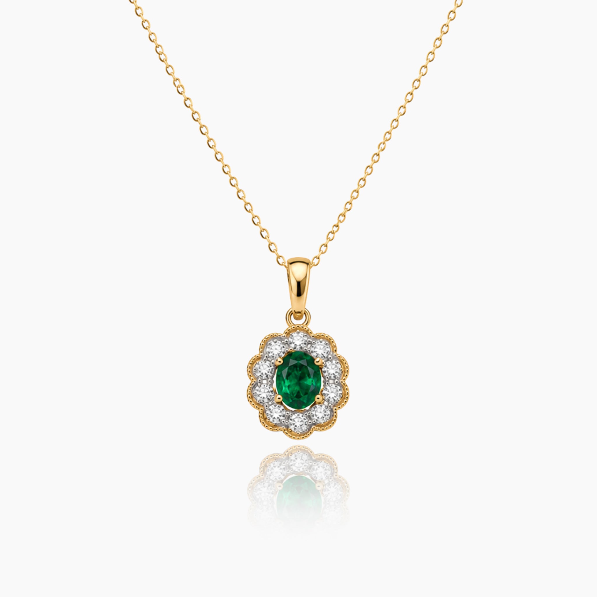 14K YELLOW GOLD DIAMOND + EMERALD PROVENANCE FLOWER SET NECKLACE
