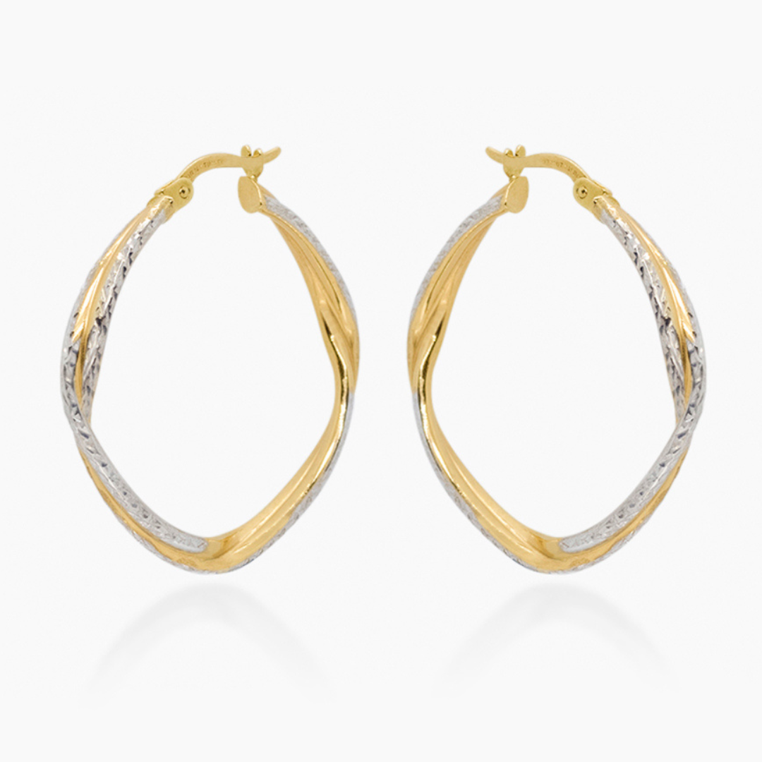 14K TWO TONED GOLD TWISTED TRIM HOOPS