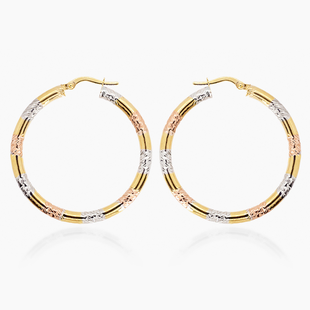 14K TRI COLOR GOLD CHECKERED HOOPS