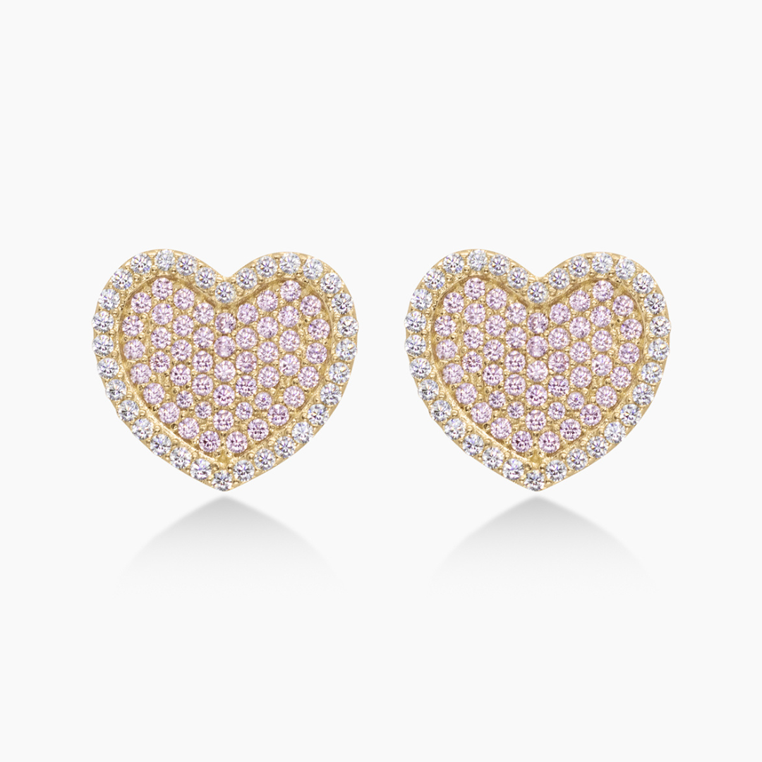10K YELLOW GOLD PAVE PINK + WHITE HEART STUD EARRINGS -13.5MM