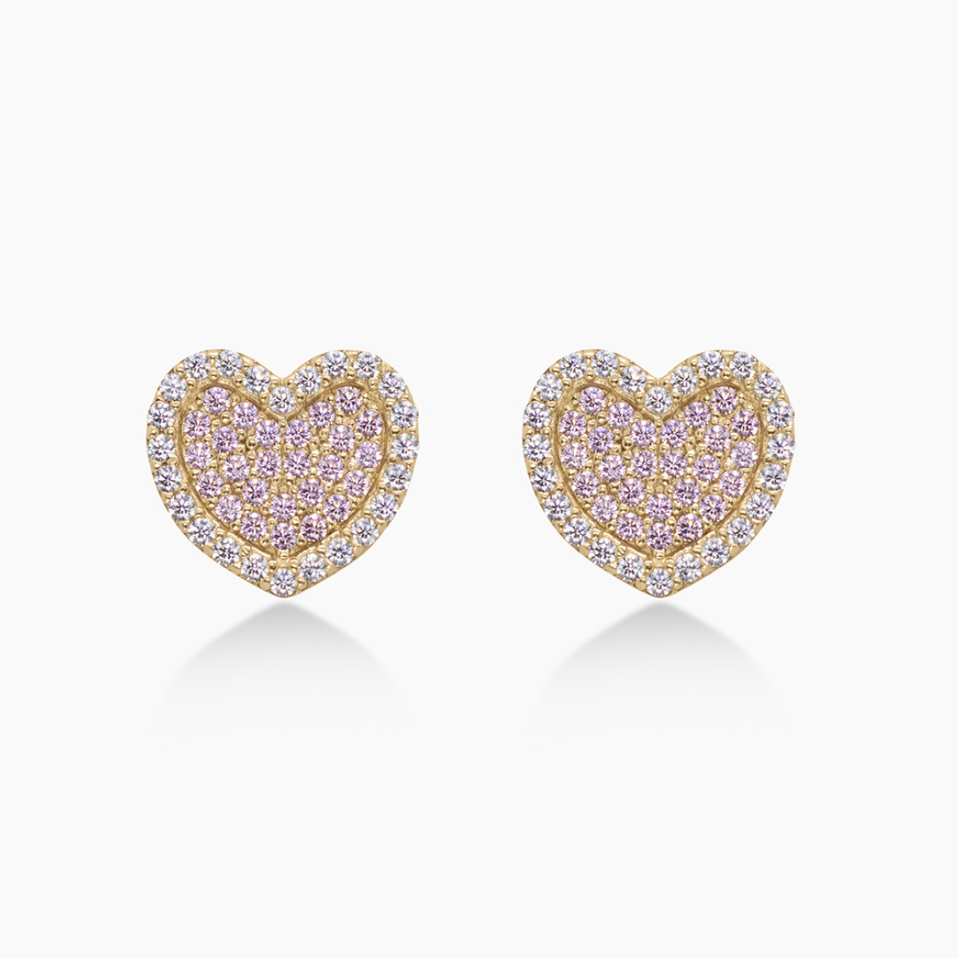 10K YELLOW GOLD PAVE PINK + WHITE HEART STUD EARRINGS -11MM