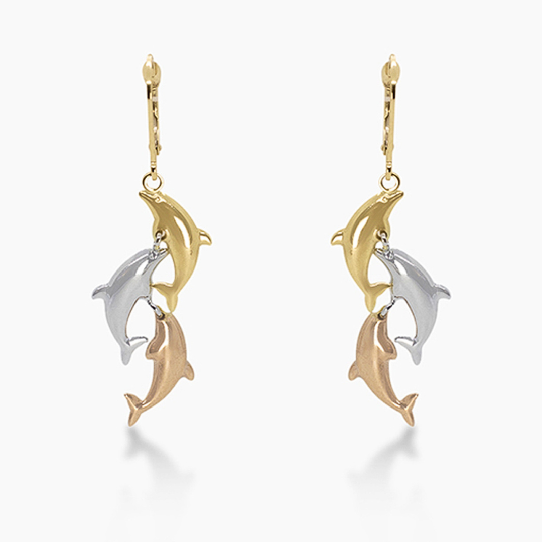 14K TRI COLOR GOLD DOLPHINS DROP EARRINGS