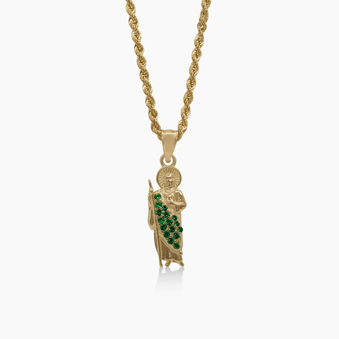 14K YELLOW GOLD GREEN SAN JUDAS NECKLACE SET