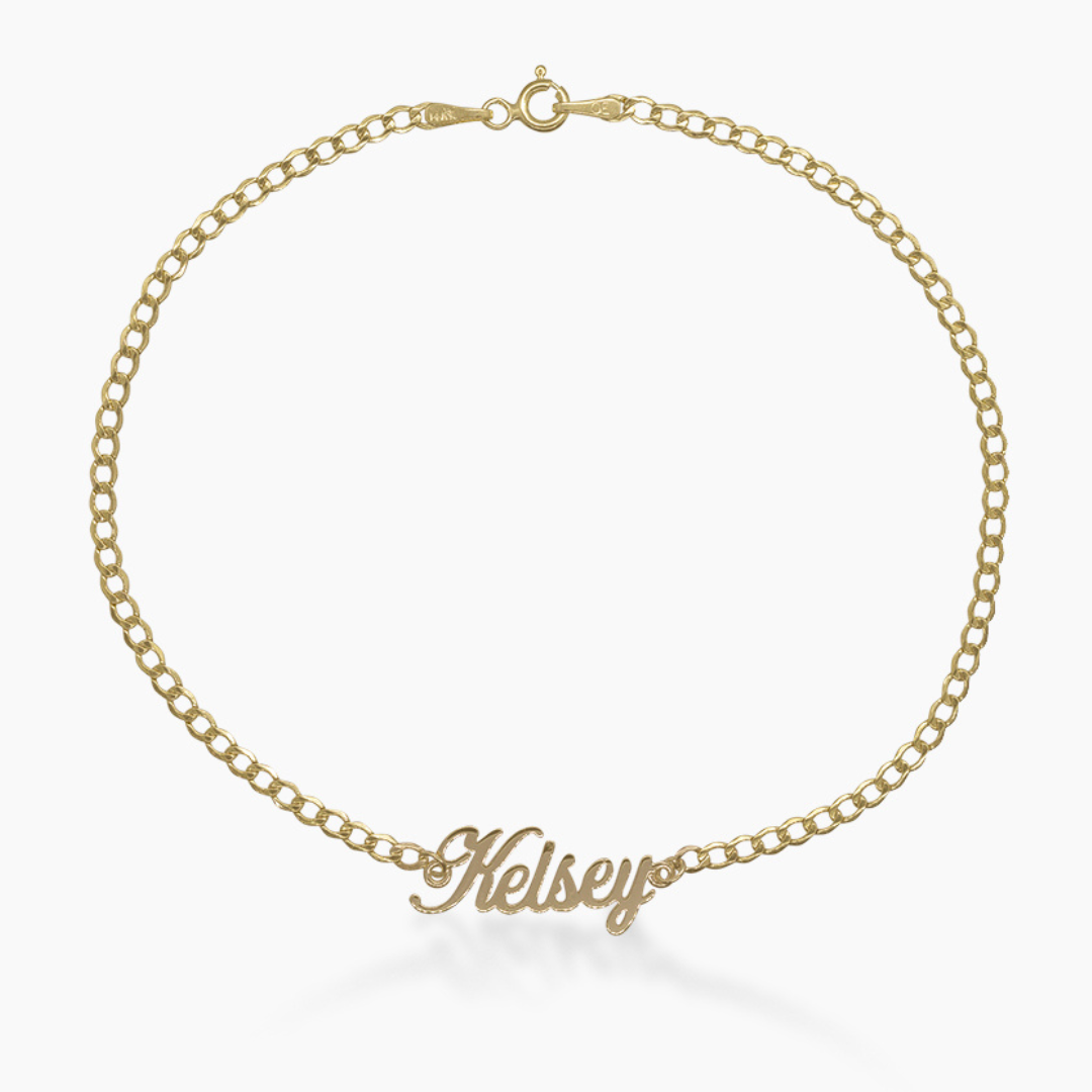 14K YELLOW GOLD CUBAN LINK SCRIPT NAME ANKLET -2.5MM