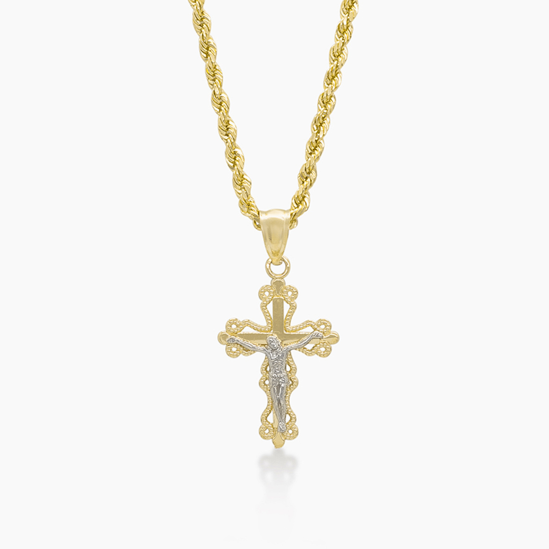14K YELLOW GOLD LACE CROSS NECKLACE SET