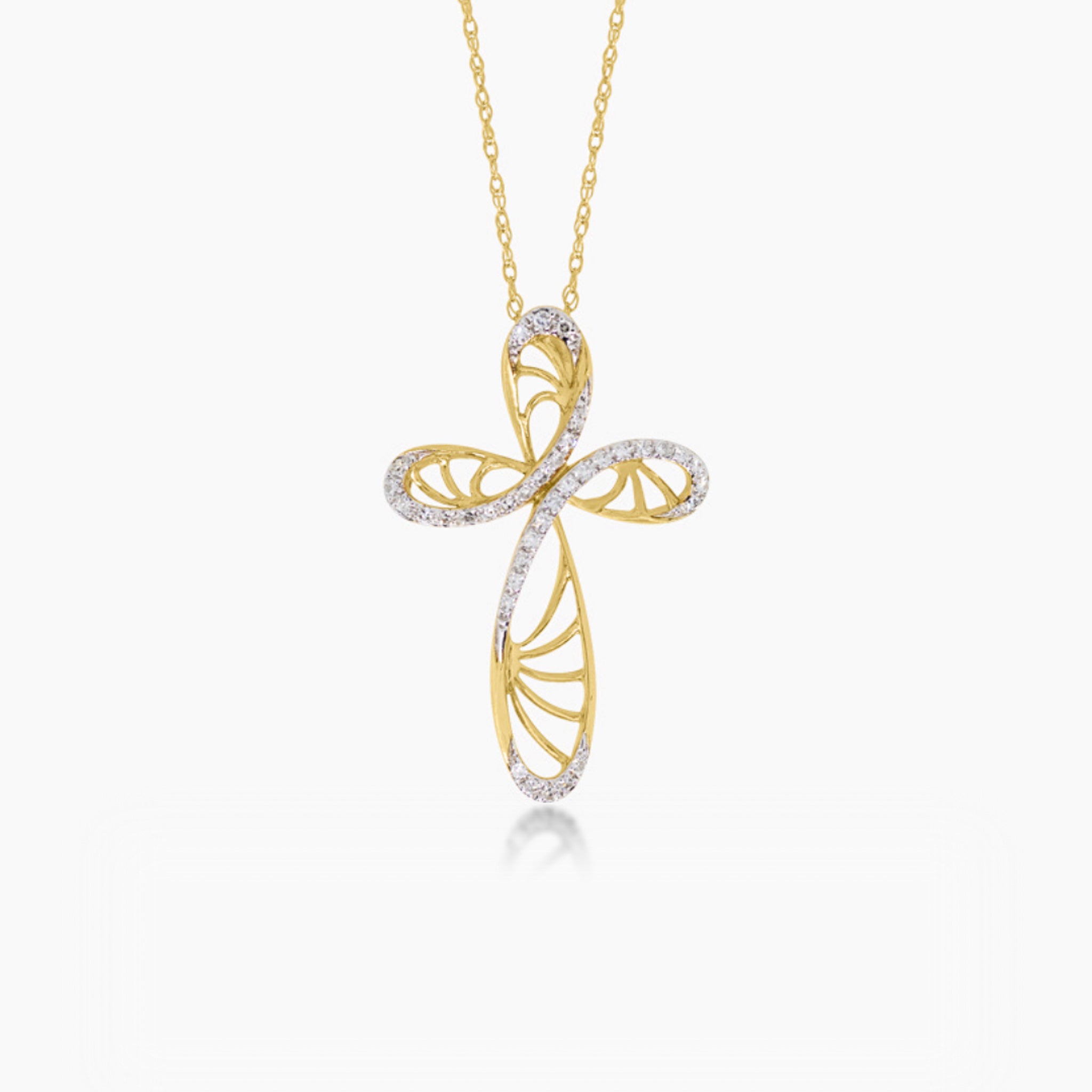 14K YELLOW GOLD ANGEL'S TOUCH DIAMOND CROSS NECKLACE