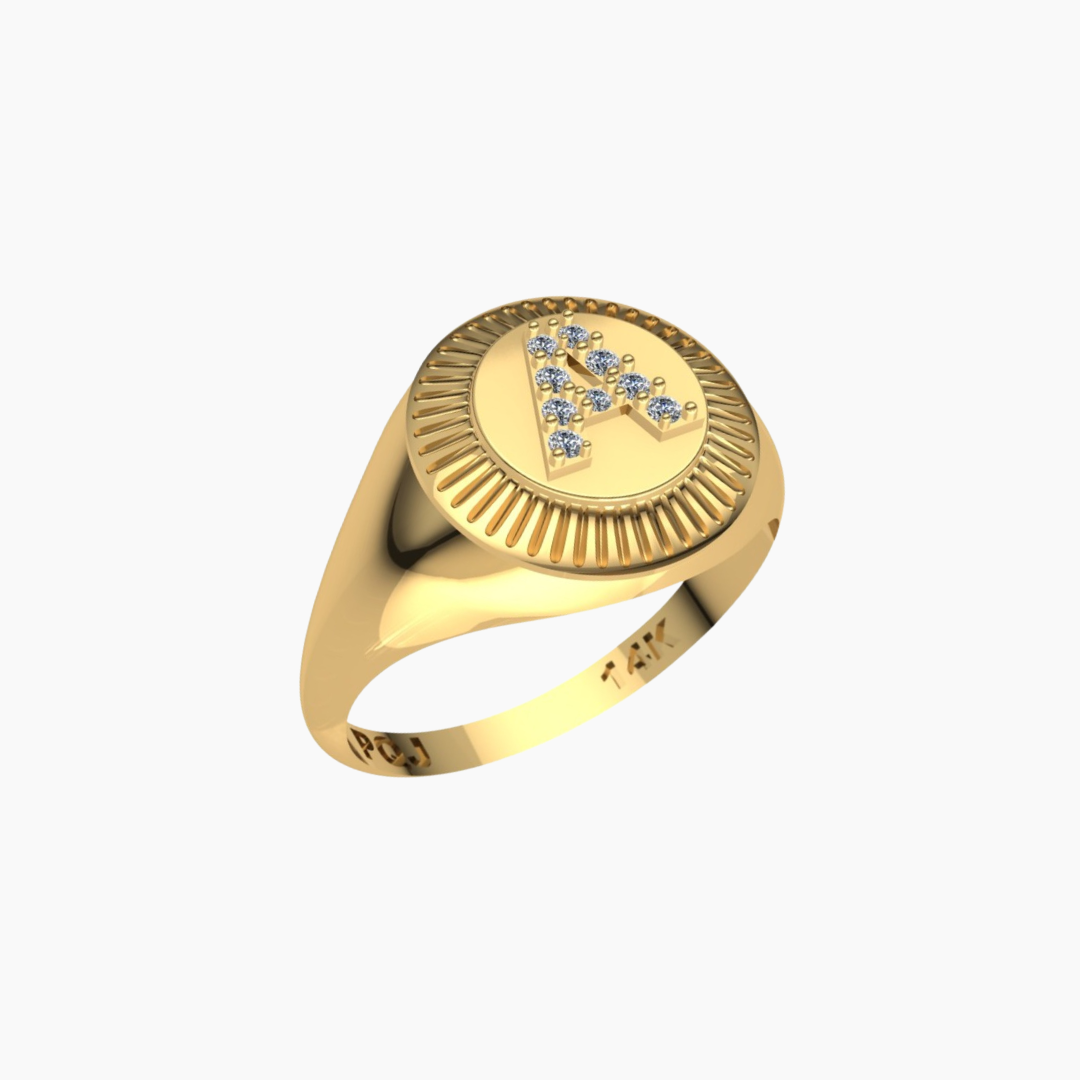 14K YELLOW GOLD ROUND AURA DIAMOND INITIAL SIGNET RING