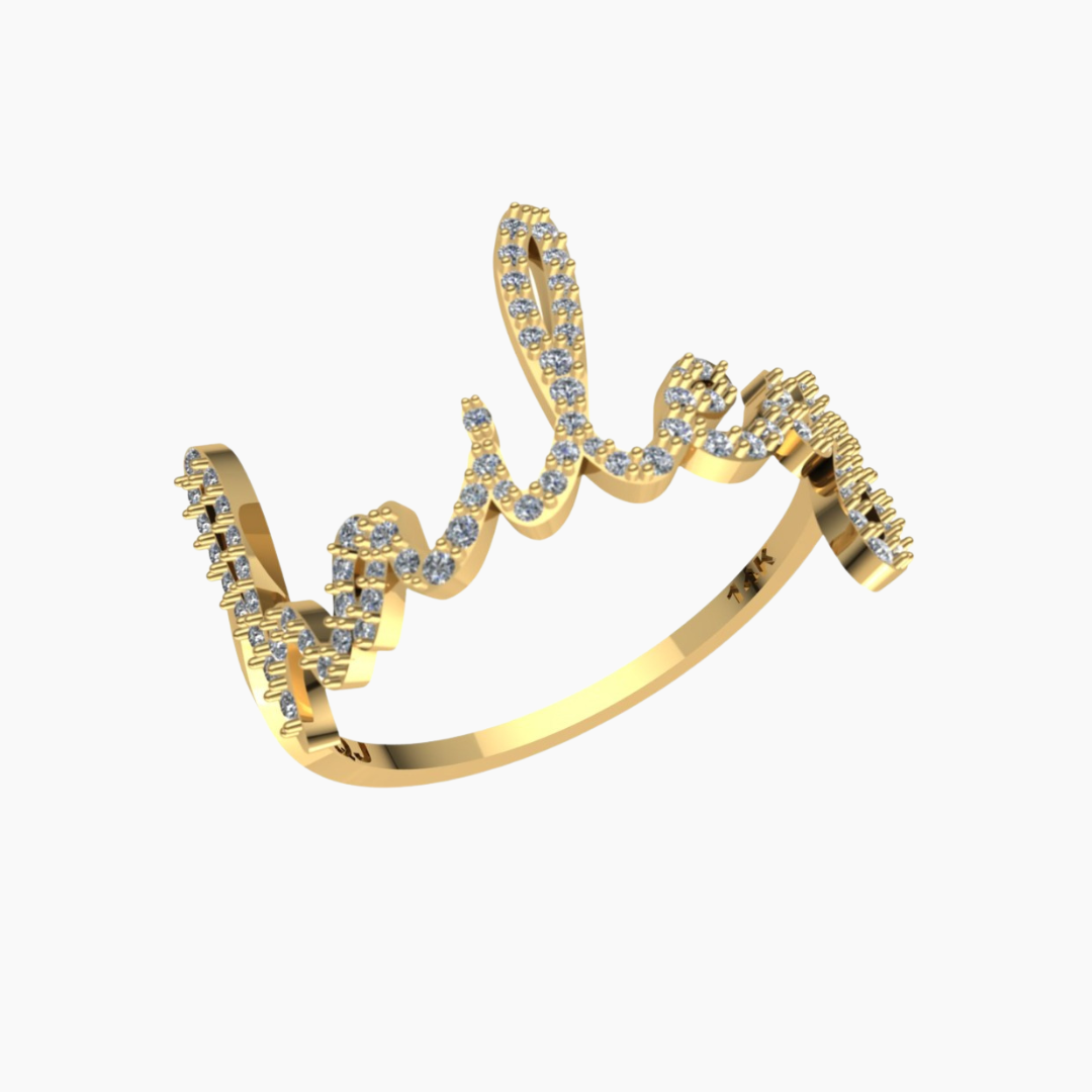 CUSTOM YELLOW GOLD DAINTY DIAMOND CALLIGRA NAME RING