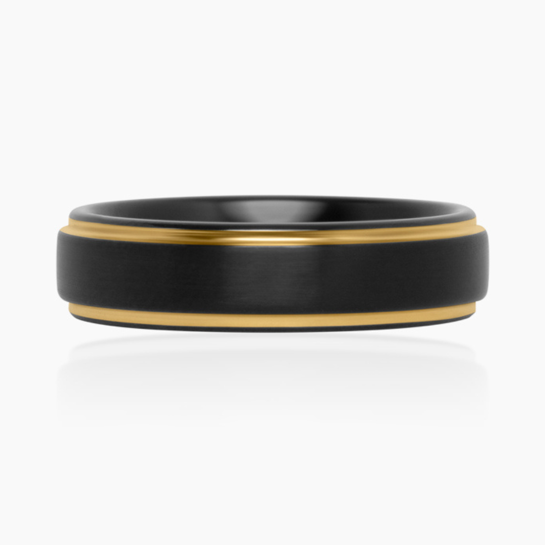 TUNGSTEN BLACK BRUSHED GOLD STEP EDGE RING -6MM | Patty Q's Jewelry Inc
