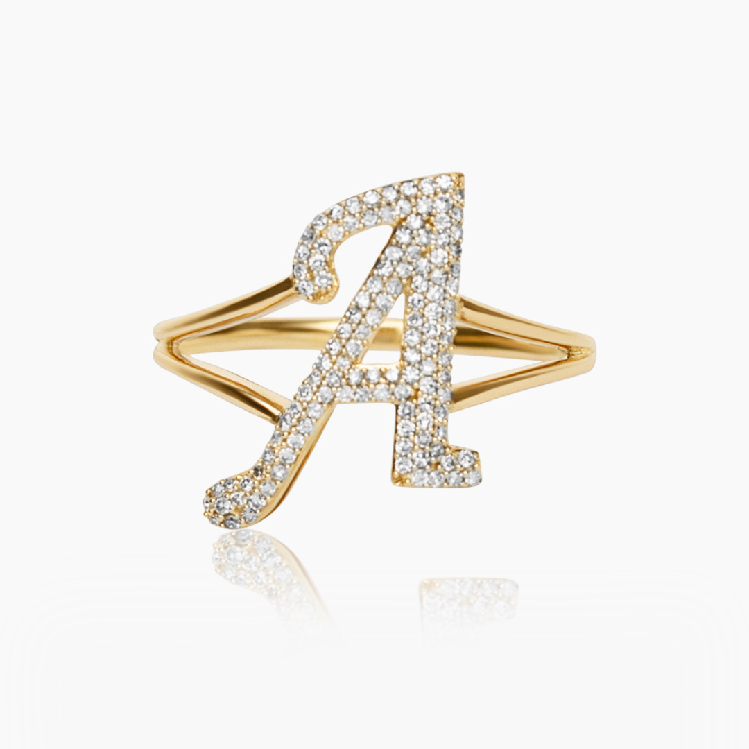 14K YELLOW GOLD DIAMOND INITIAL SPLIT SHANK RING