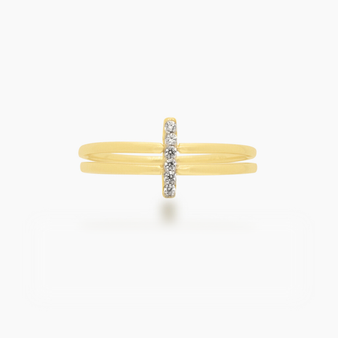 14K YELLOW GOLD VERTICAL PAVE BAR DOUBLE RING
