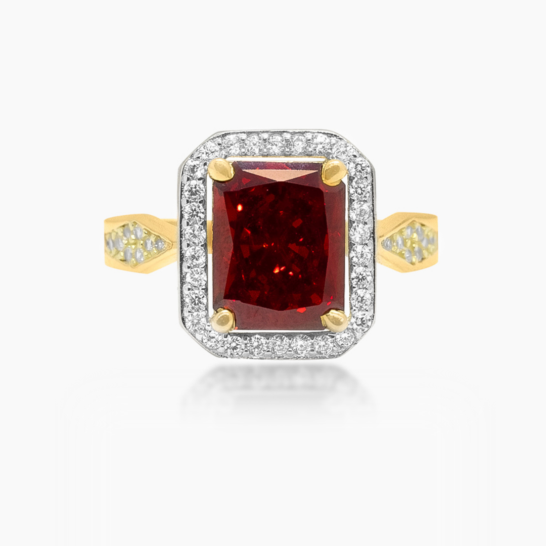 14K YELLOW GOLD RED RADIANT-CUT COCKTAIL CZ RING