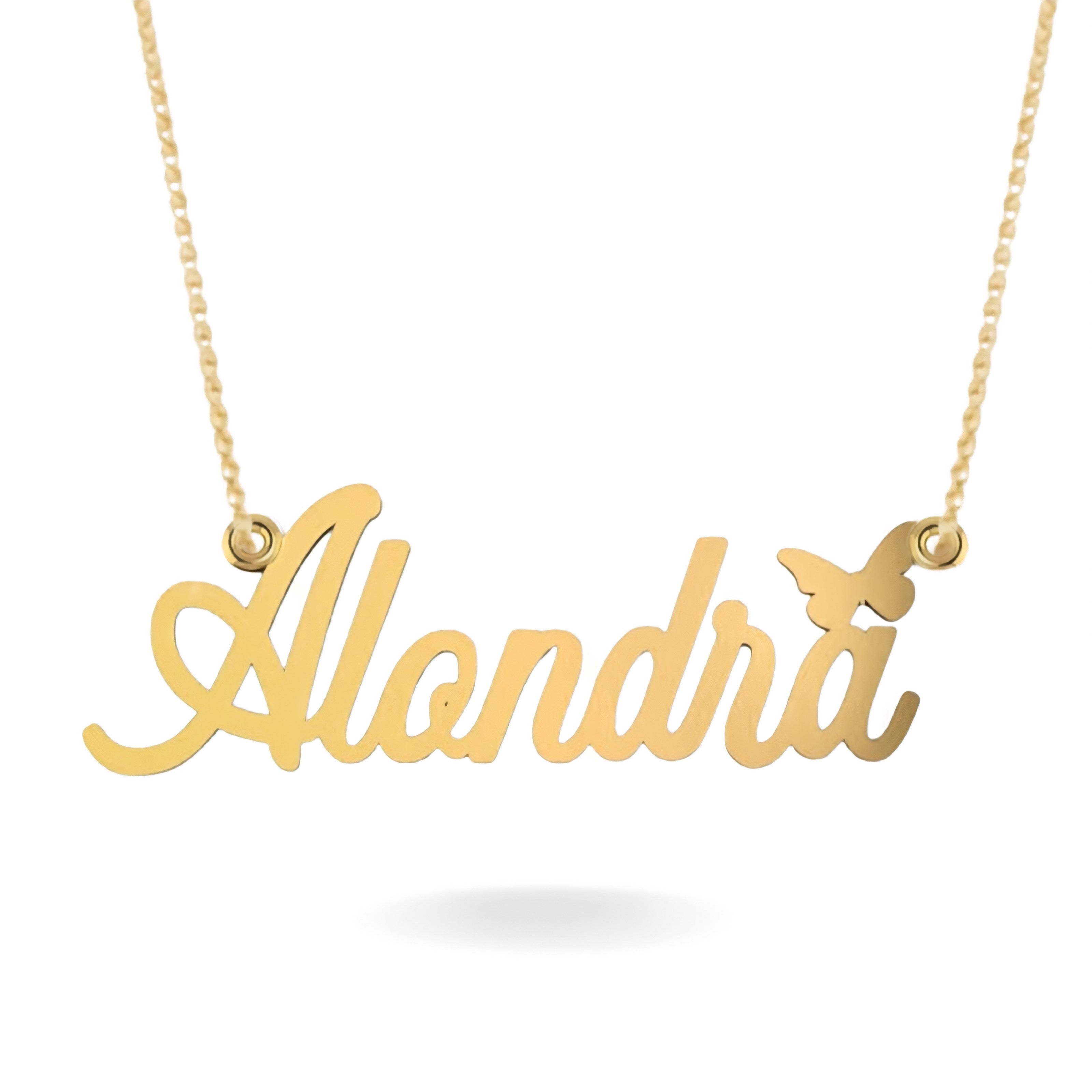 14K YELLOW GOLD SCRIPT BUTTERFLY KISS FLOATING NAME NECKLACE