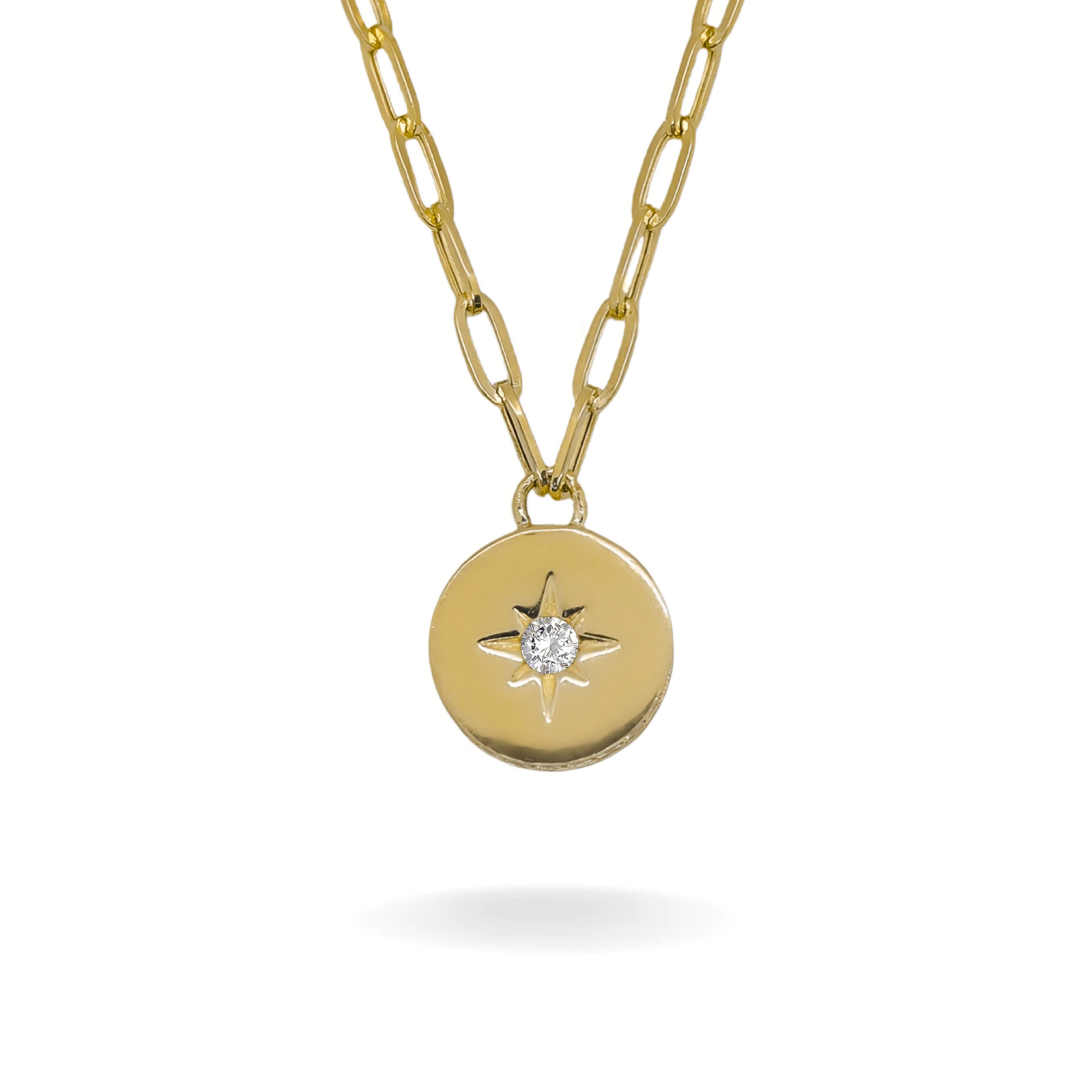 14K YELLOW GOLD STARBURST PAVÉ COIN PAPERCLIP NECKLACE