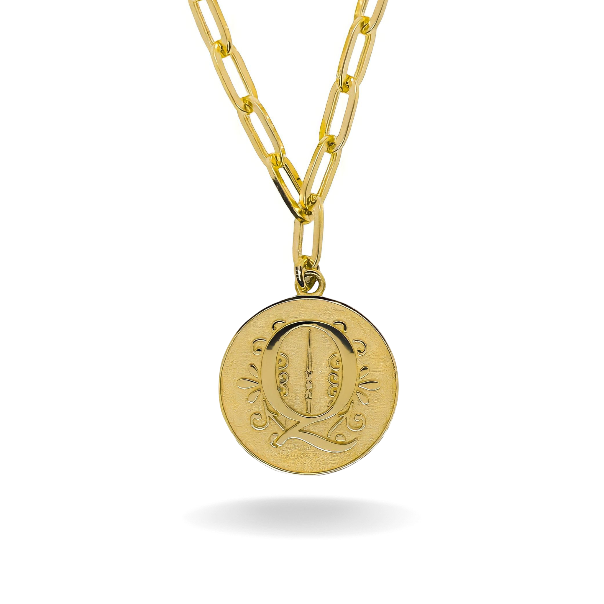 14K YELLOW GOLD REGAL COIN INITIAL PAPERCLIP NECKLACE