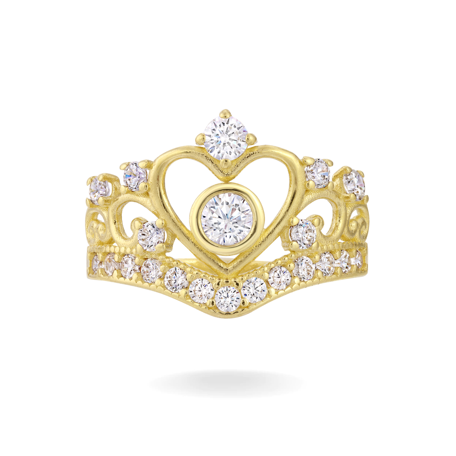 14K YELLOW GOLD PAVE HEART CROWN RING