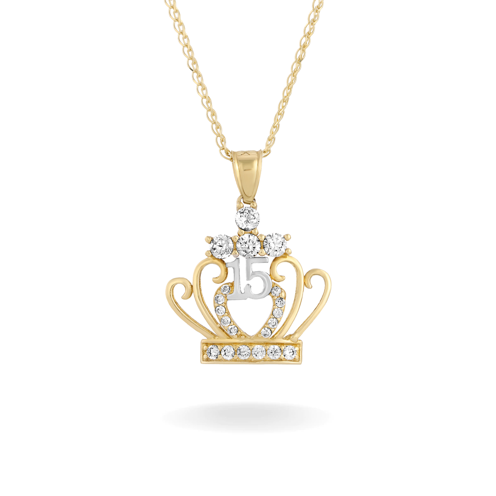 14K YELLOW GOLD PAVE CROWNED QUINCEANERA NECKLACE