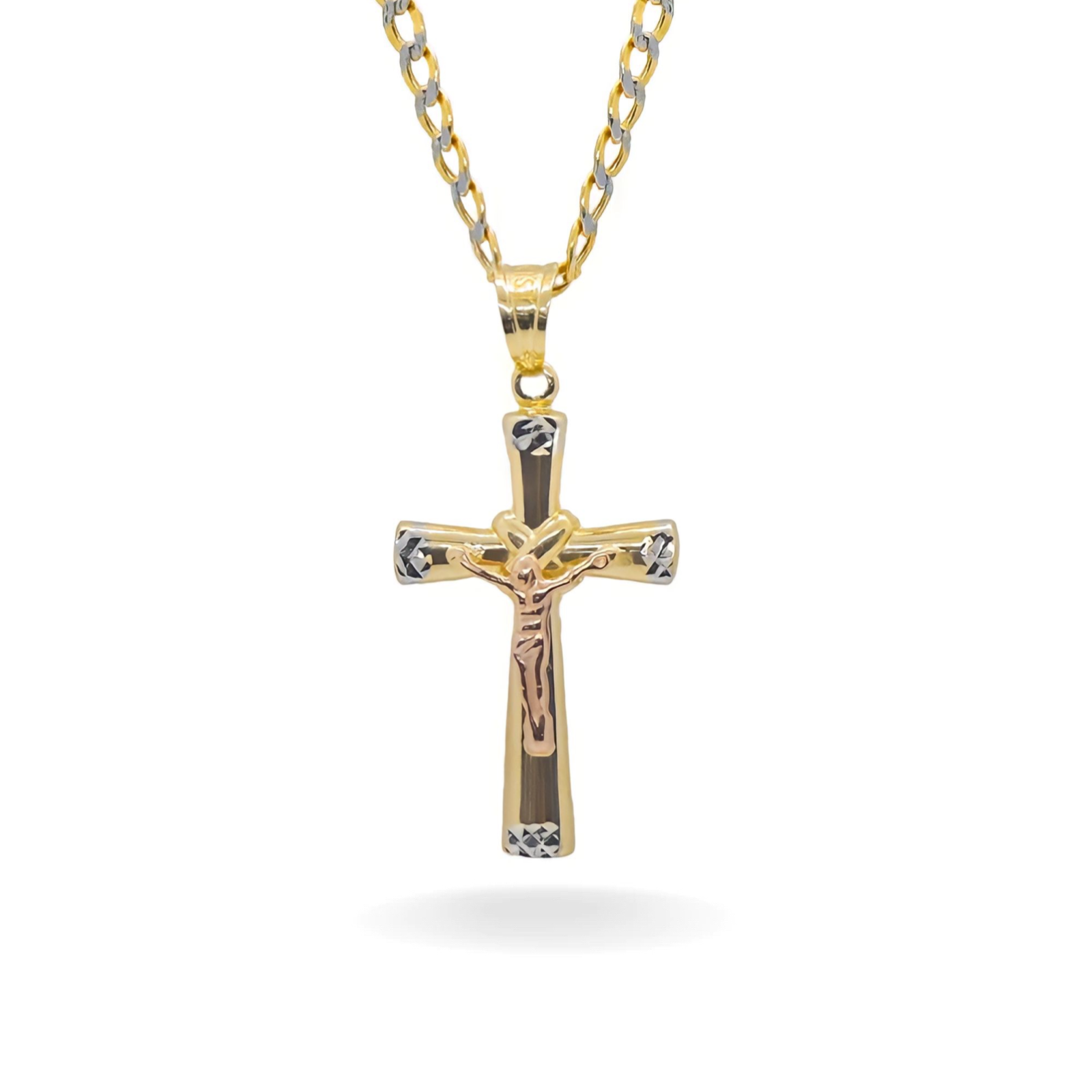 14K TWO TONED GOLD TRI COLOR CROSS NECKLACE