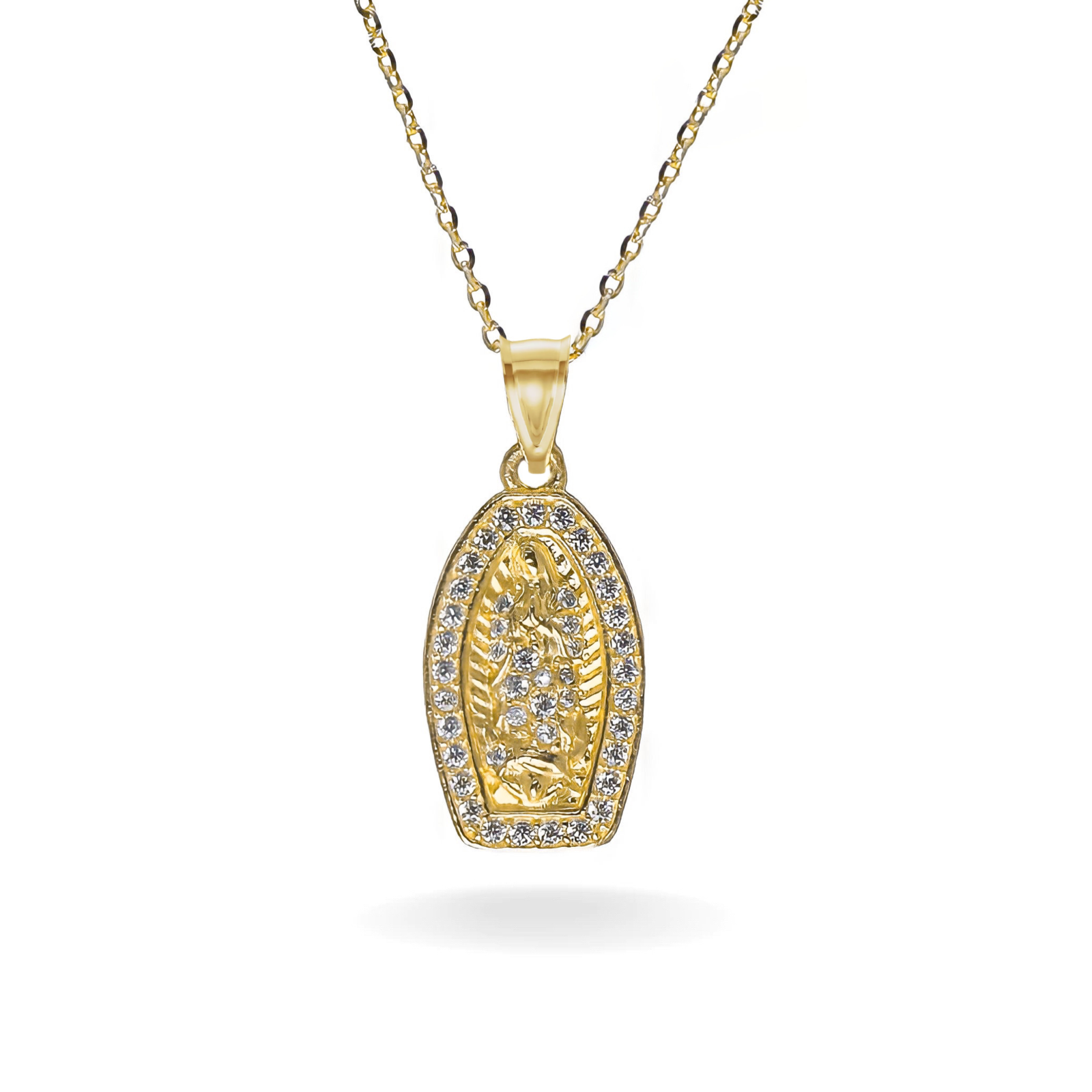 14K YELLOW GOLD PAVE VIRGIN MARY FORM NECKLACE