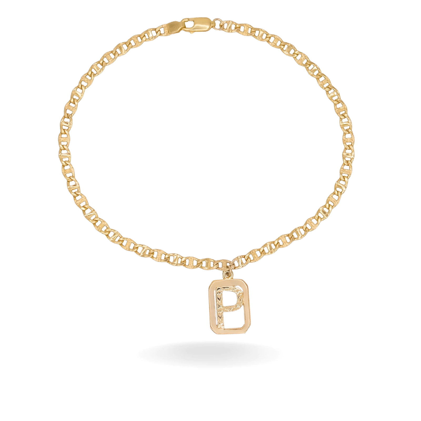 14K YELLOW GOLD EMERALD-CUT INITIAL CHARM NUGGET MARINER ANKLET