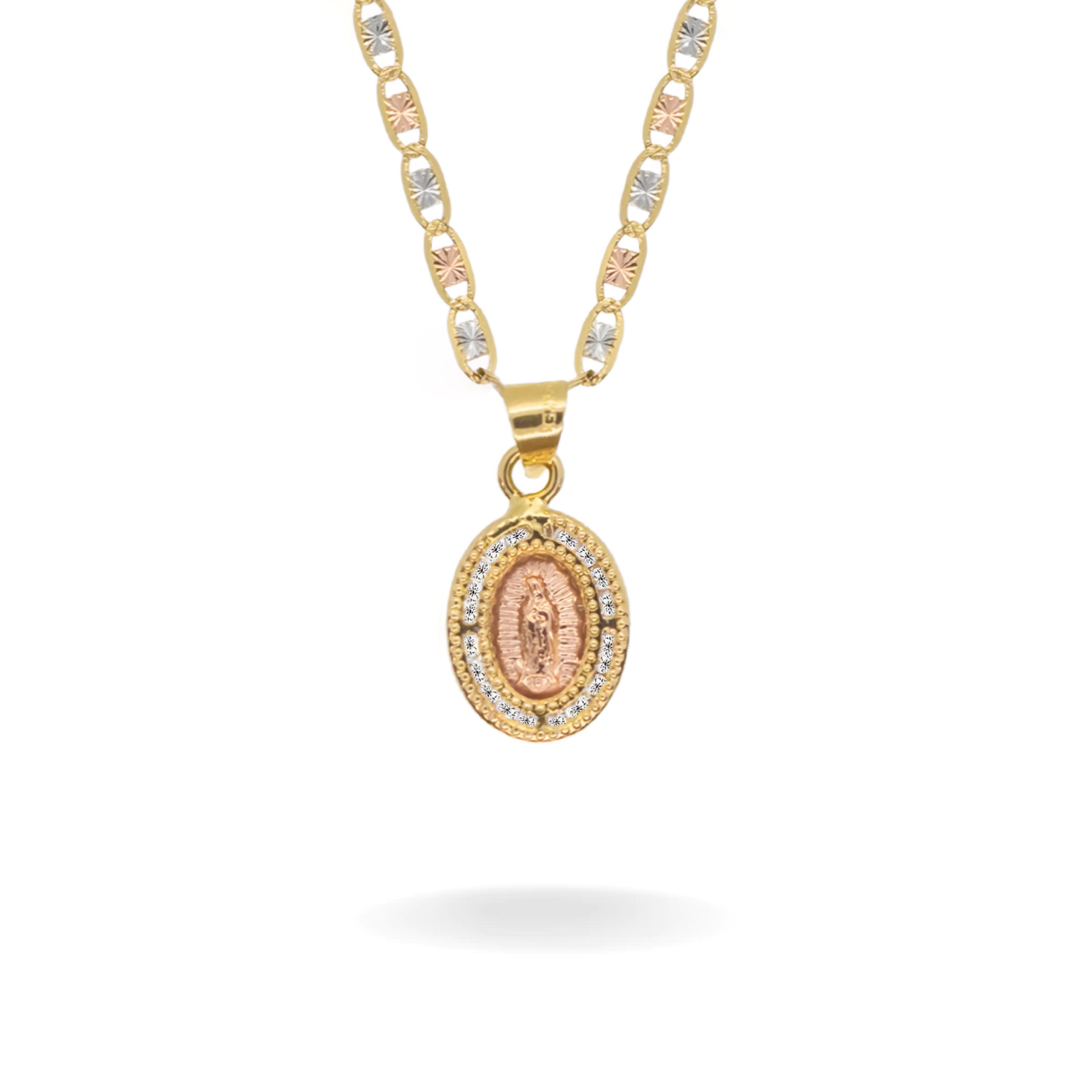 14K TRICOLOR GOLD MINI OVAL PAVE VIRGIN MARY NECKLACE