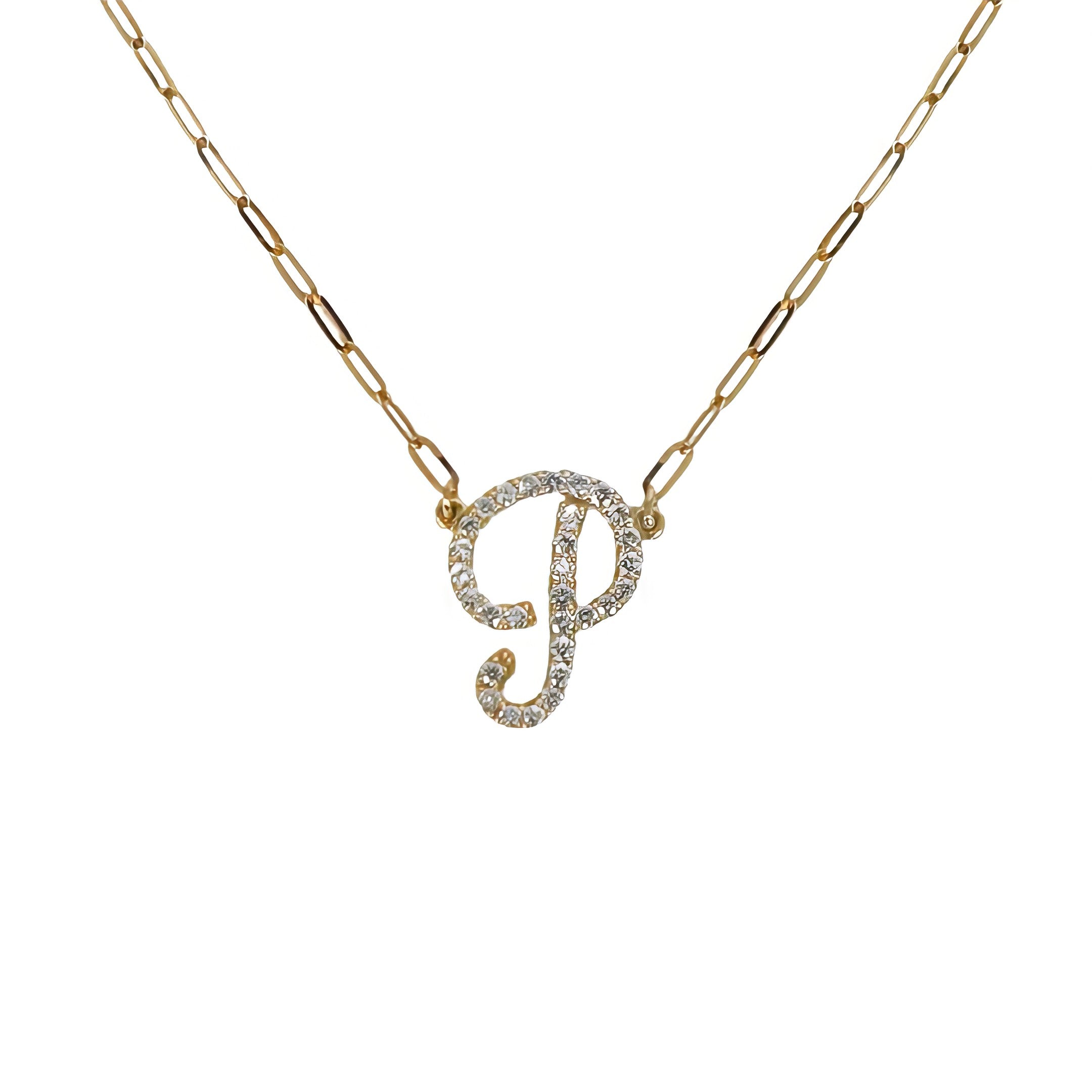 14K YELLOW GOLD DIAMOND SCRIPT INITIAL PAPERCLIP NECKLACE