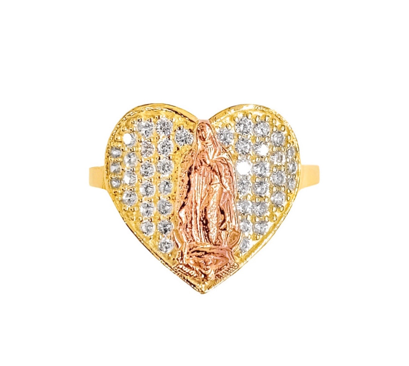 14K YELLOW GOLD PAVE VIRGIN MARY HEART RING